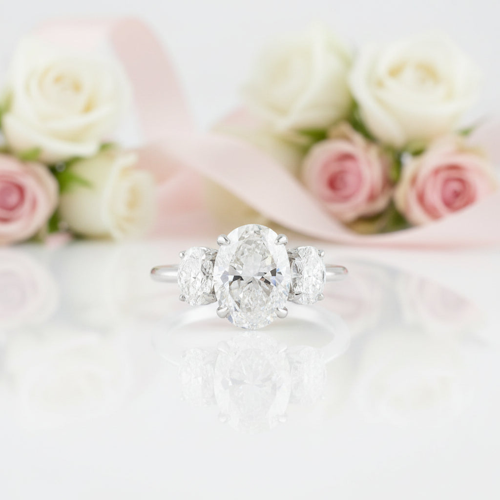 White Gold White Sapphire Oval Cut Three Stone Engagement Ring-Black Diamonds New York