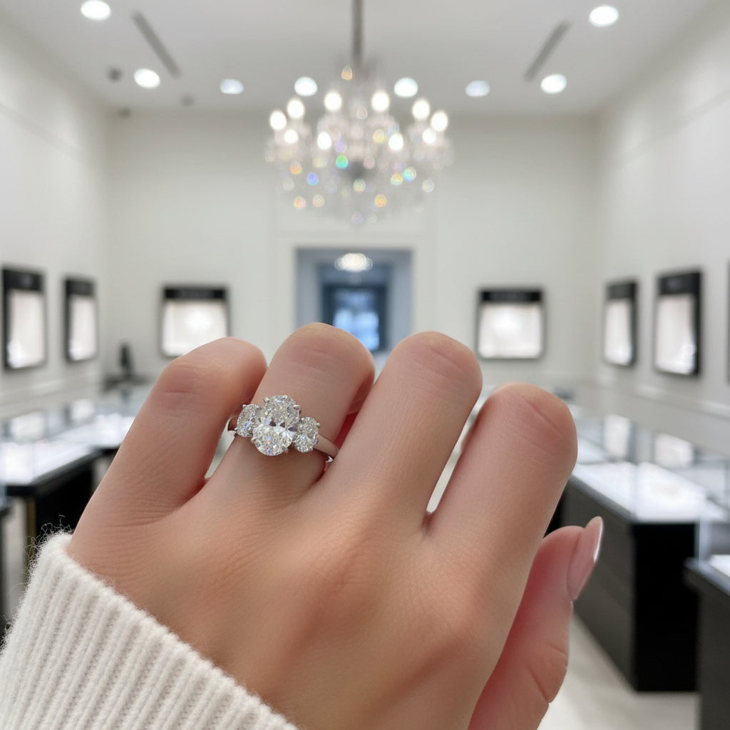 White Gold White Sapphire Oval Cut Three Stone Engagement Ring-Black Diamonds New York