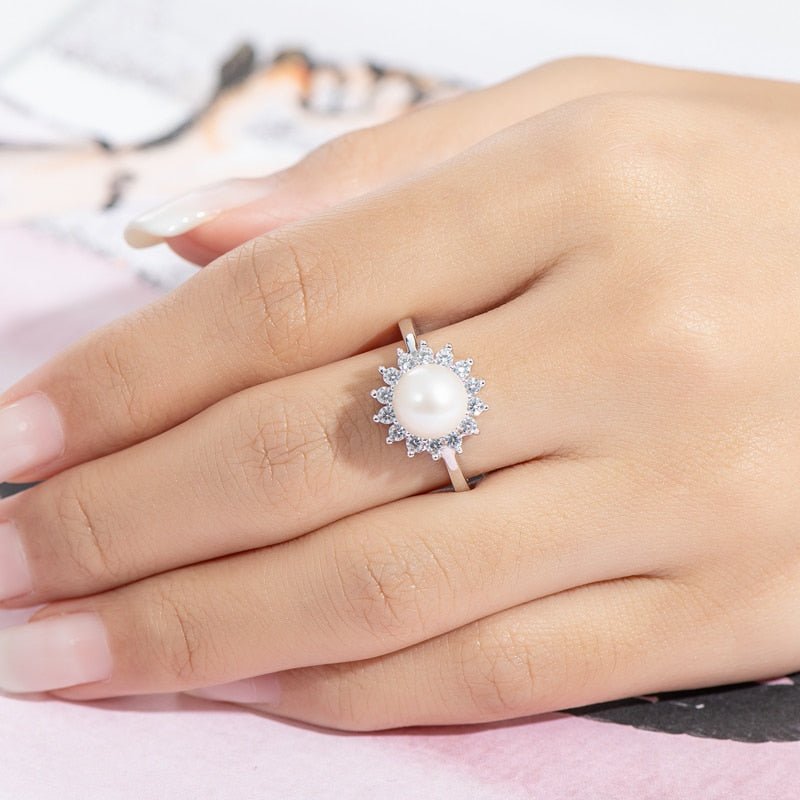 White Natural Freshwater Pearl Halo Ring-Black Diamonds New York