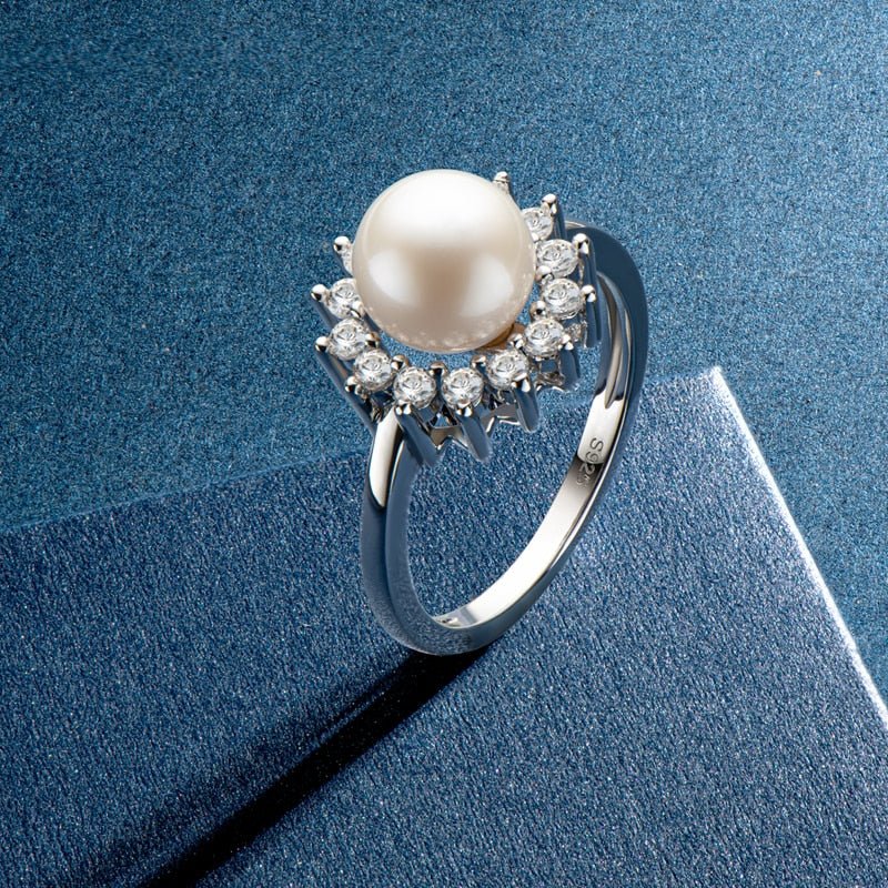 Lnngy New in 8mm Natural Freshwater White Pearl Ring with Halo CZ 925 Sterling Silver Wedding Women Jewelry Christmas Gifts - Black Diamonds New York