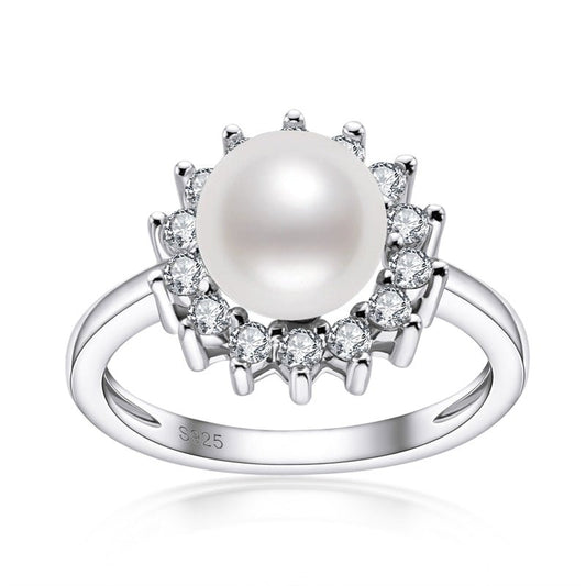 Lnngy New in 8mm Natural Freshwater White Pearl Ring with Halo CZ 925 Sterling Silver Wedding Women Jewelry Christmas Gifts - Black Diamonds New York