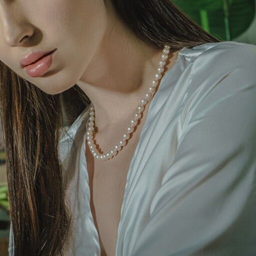 White Natural Freshwater Pearl Necklace-Black Diamonds New York