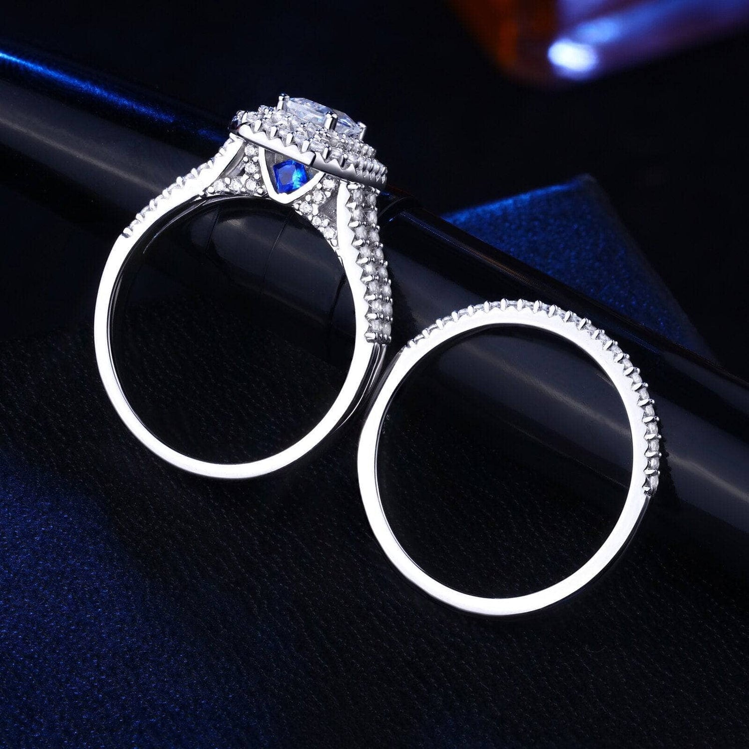 White Radiant Cut EVN Stone Ring Set-Black Diamonds New York