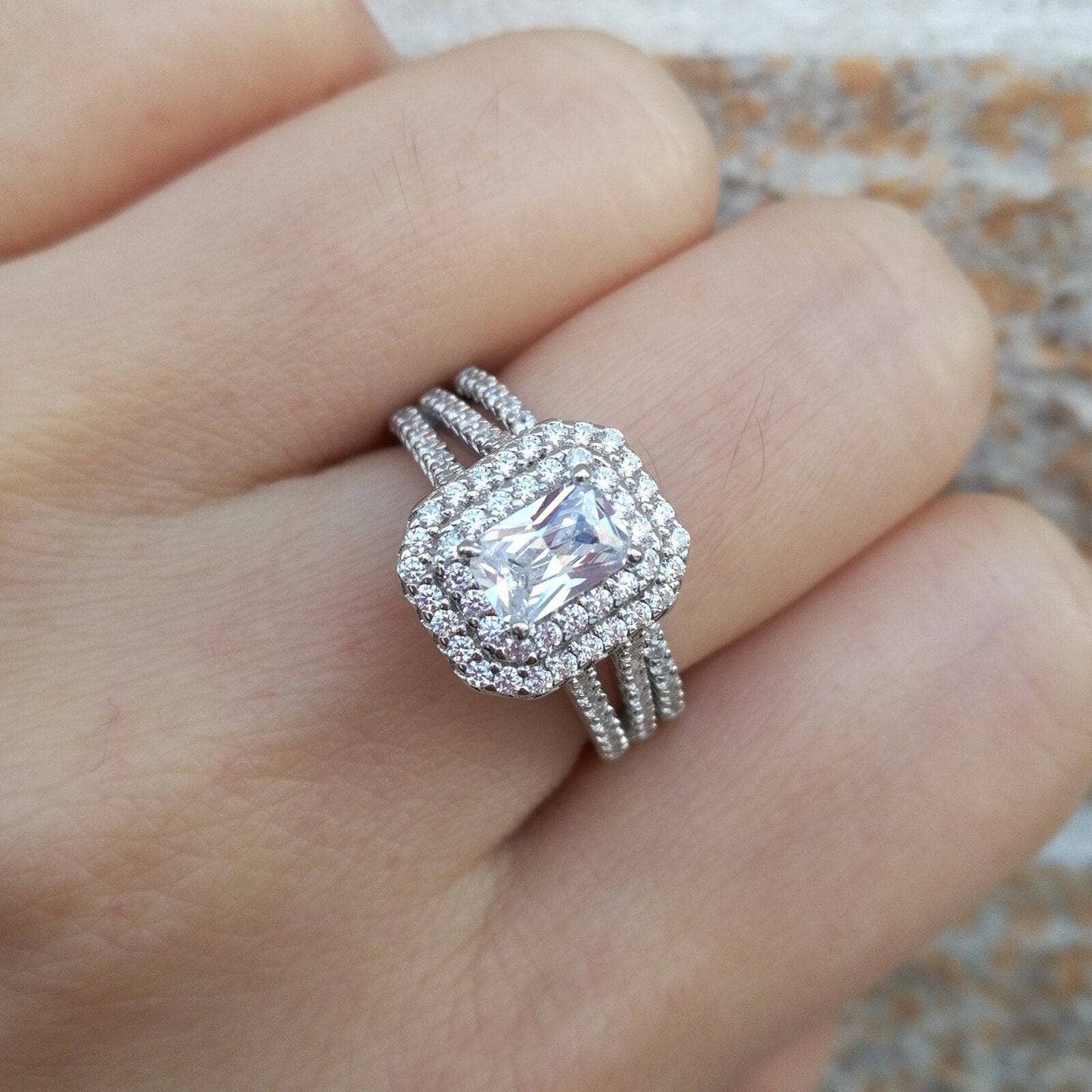 925 Sterling Silver White Radiant Cut Cubic Zirconia Ring Set