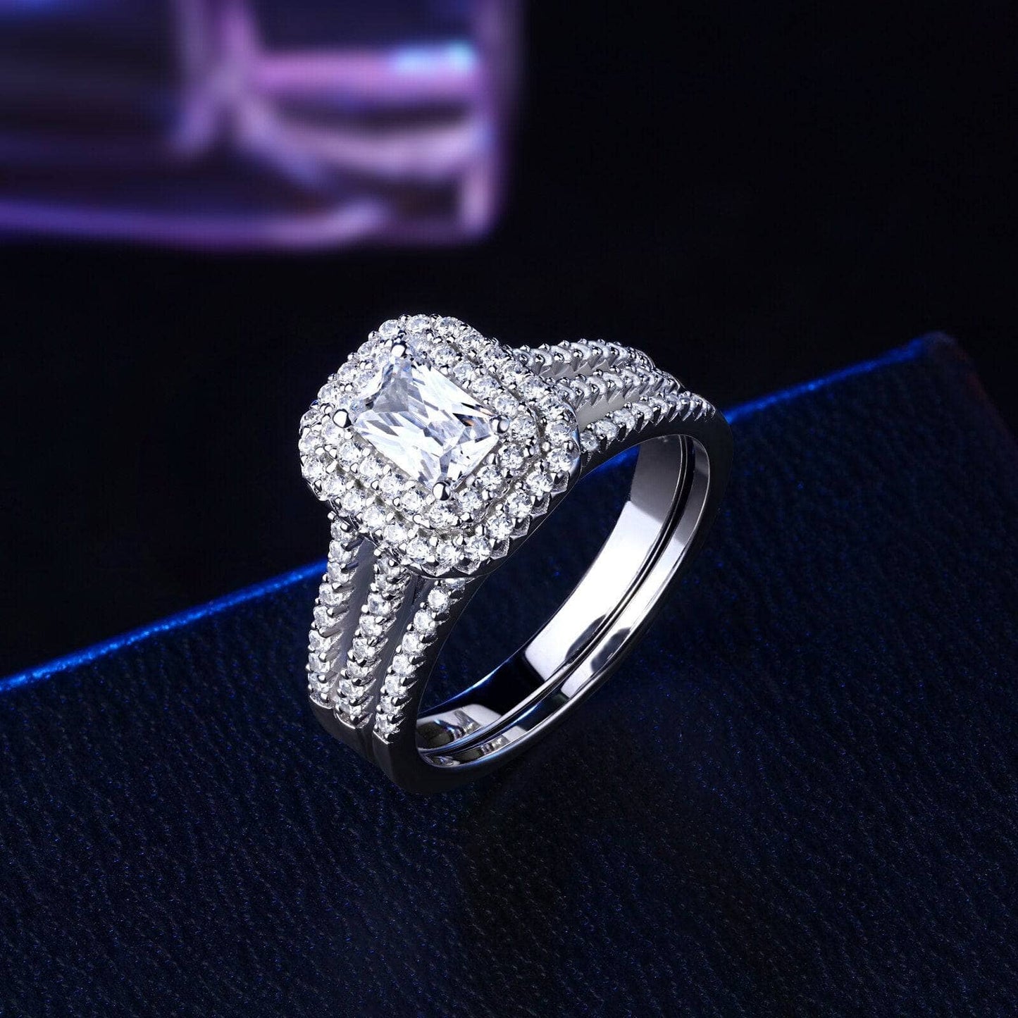 925 Sterling Silver White Radiant Cut Cubic Zirconia Ring Set