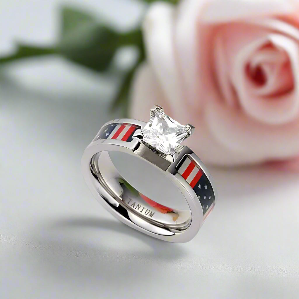 Diamond Titanium Wedding Ring with National Flag Inlay-Black Diamonds New York