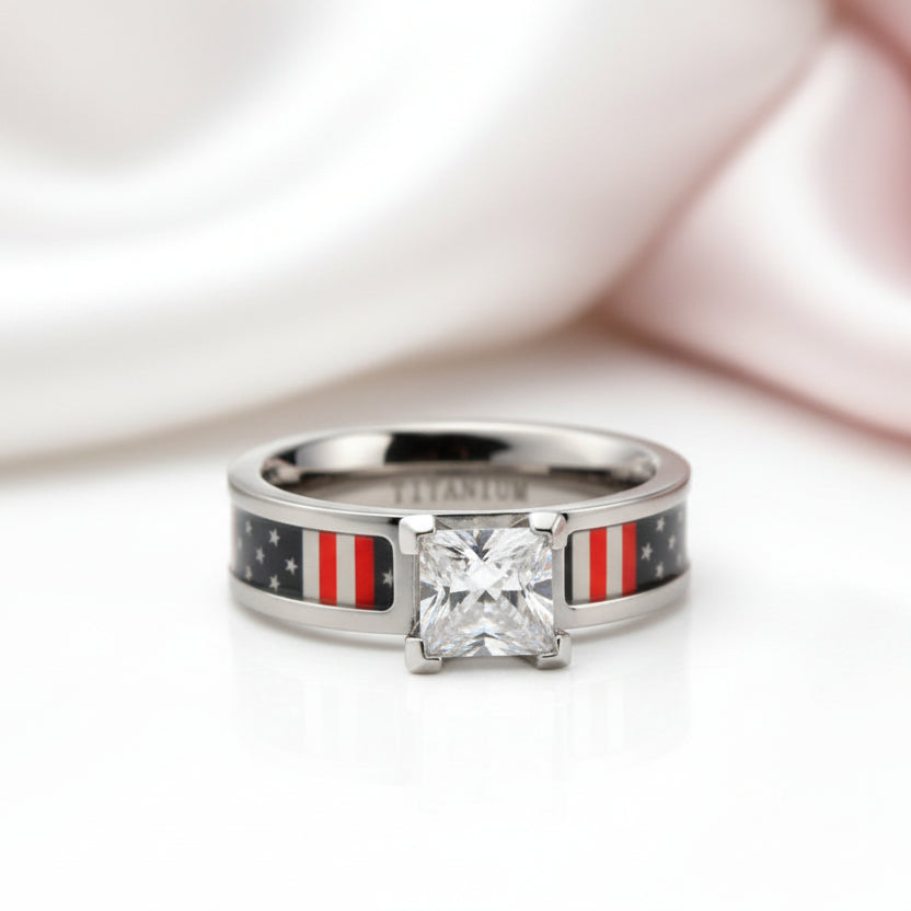Diamond Option Titanium Wedding Ring with National Flag Inlay-Black Diamonds New York