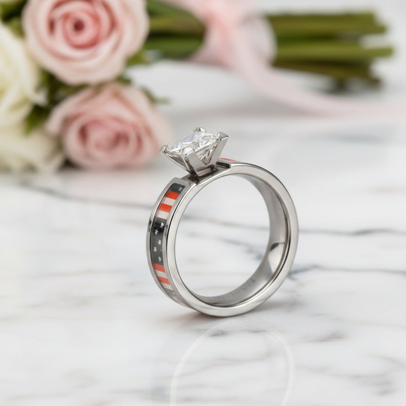 Diamond Option Titanium Wedding Ring with National Flag Inlay-Black Diamonds New York