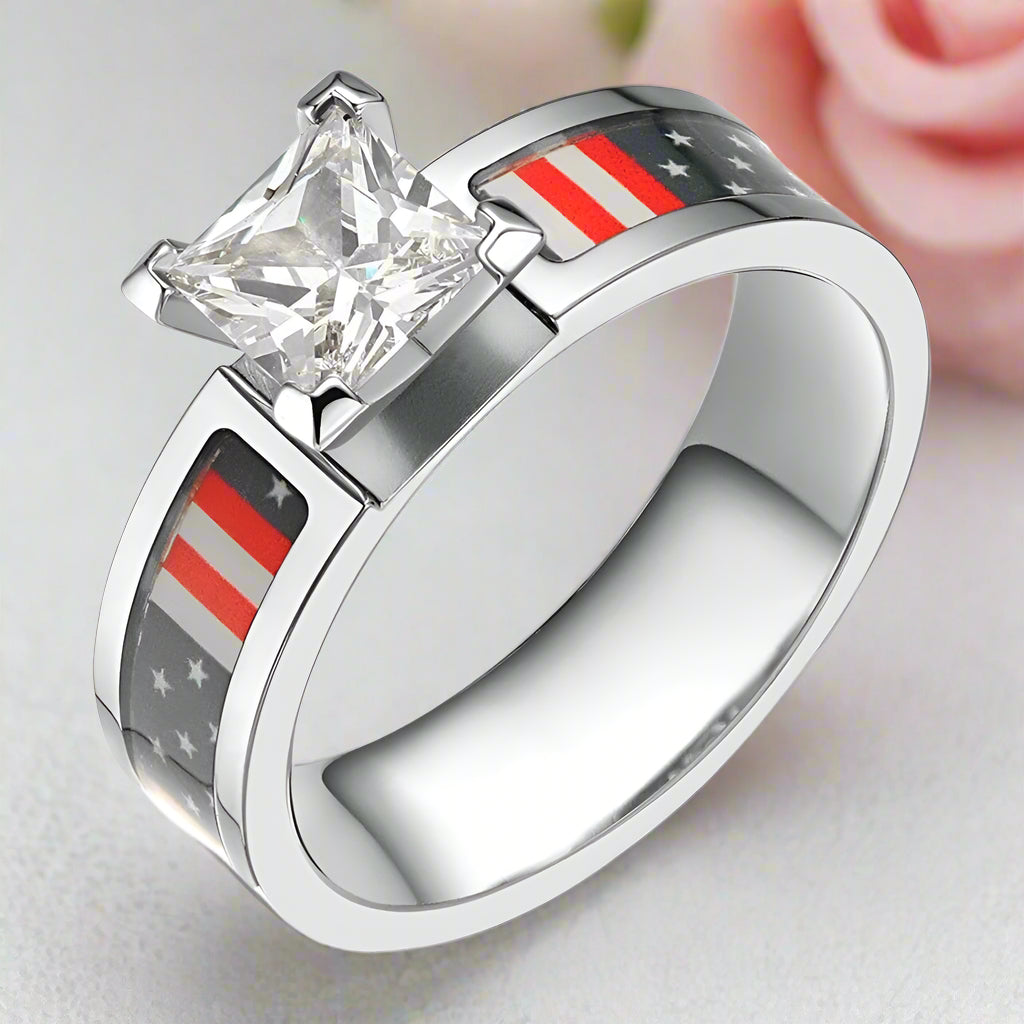 Diamond Titanium Wedding Ring with National Flag Inlay-Black Diamonds New York