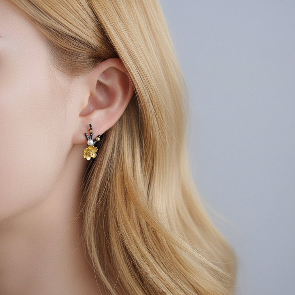 Winter Blossom and Snow Flower Stud Earrings-Black Diamonds New York
