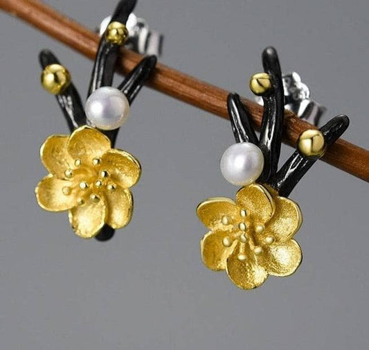 Winter Blossom and Snow Flower Stud Earrings-Black Diamonds New York