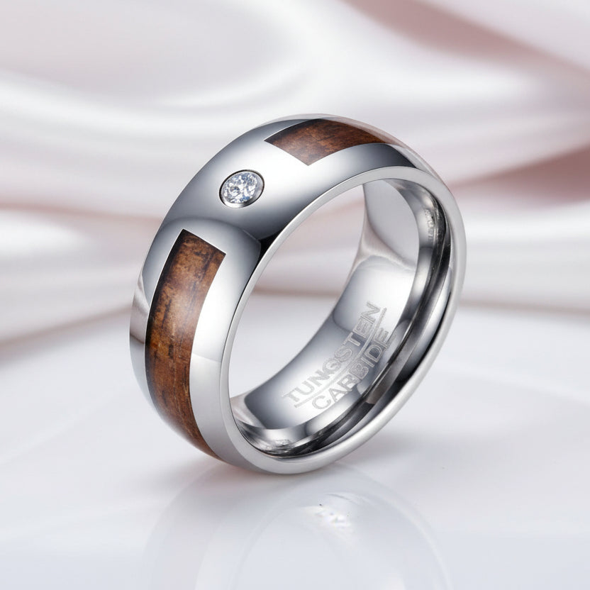 Wood Inlay Men's Tungsten Carbide Wedding Band with Diamond Option-Black Diamonds New York