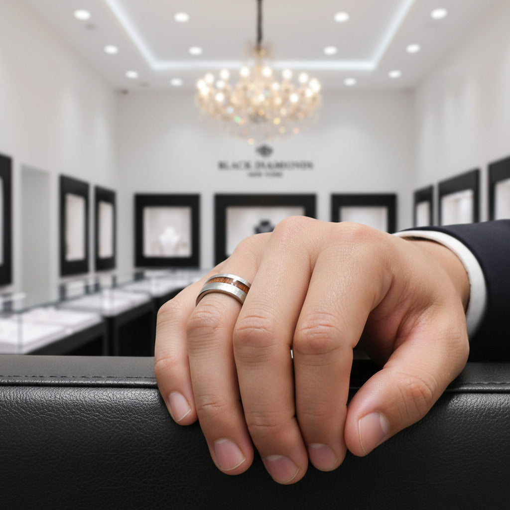 Wood Titanium Men's Wedding Band-Black Diamonds New York