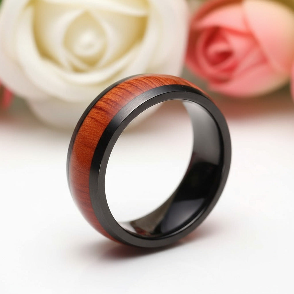 Wooden Black Titanium Domed Wedding Band-Black Diamonds New York