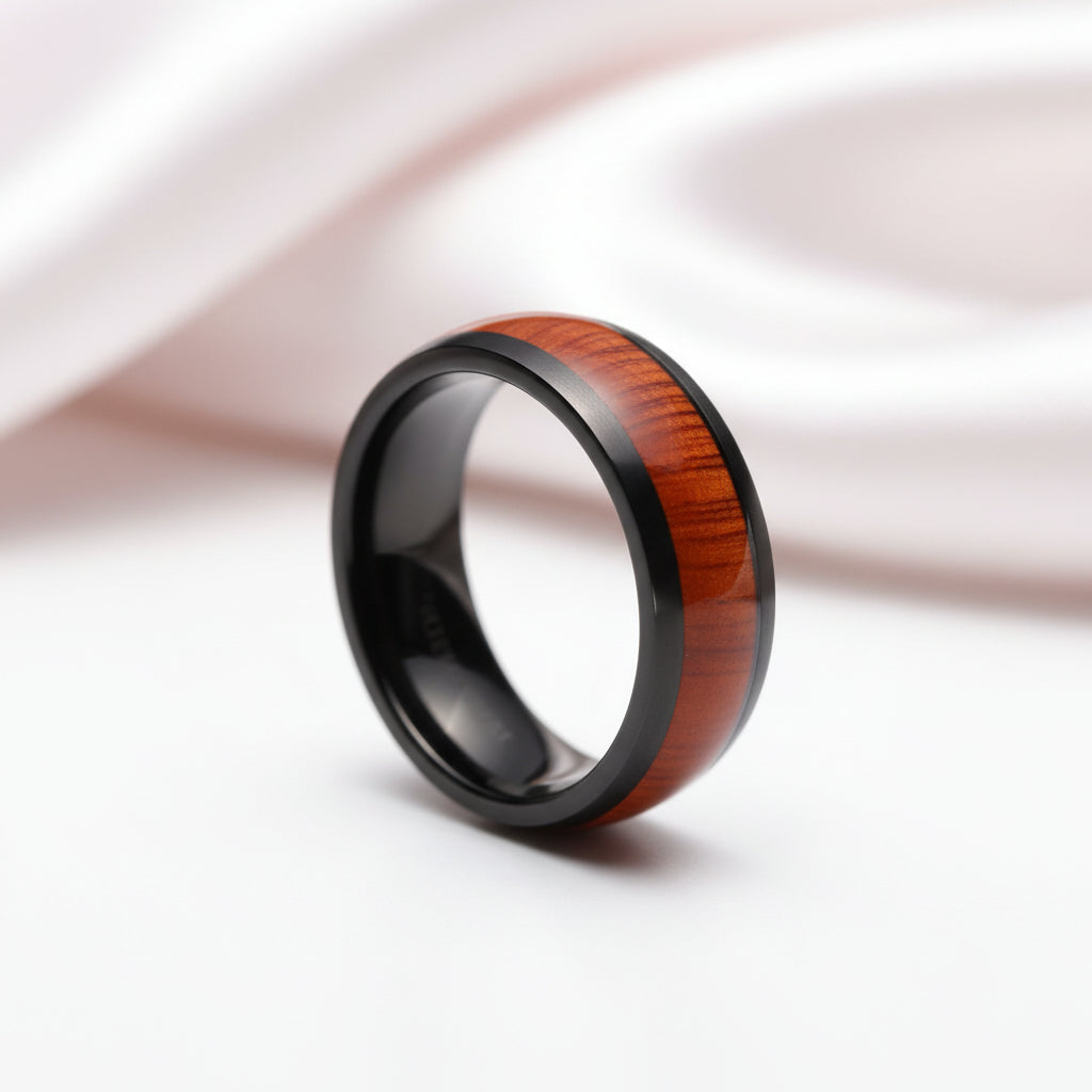 Wooden Black Titanium Domed Wedding Band-Black Diamonds New York