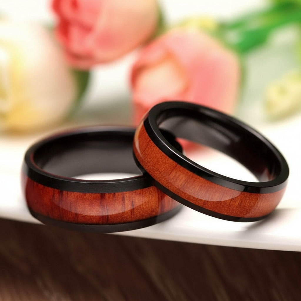 Wooden Black Titanium Domed Wedding Band-Black Diamonds New York