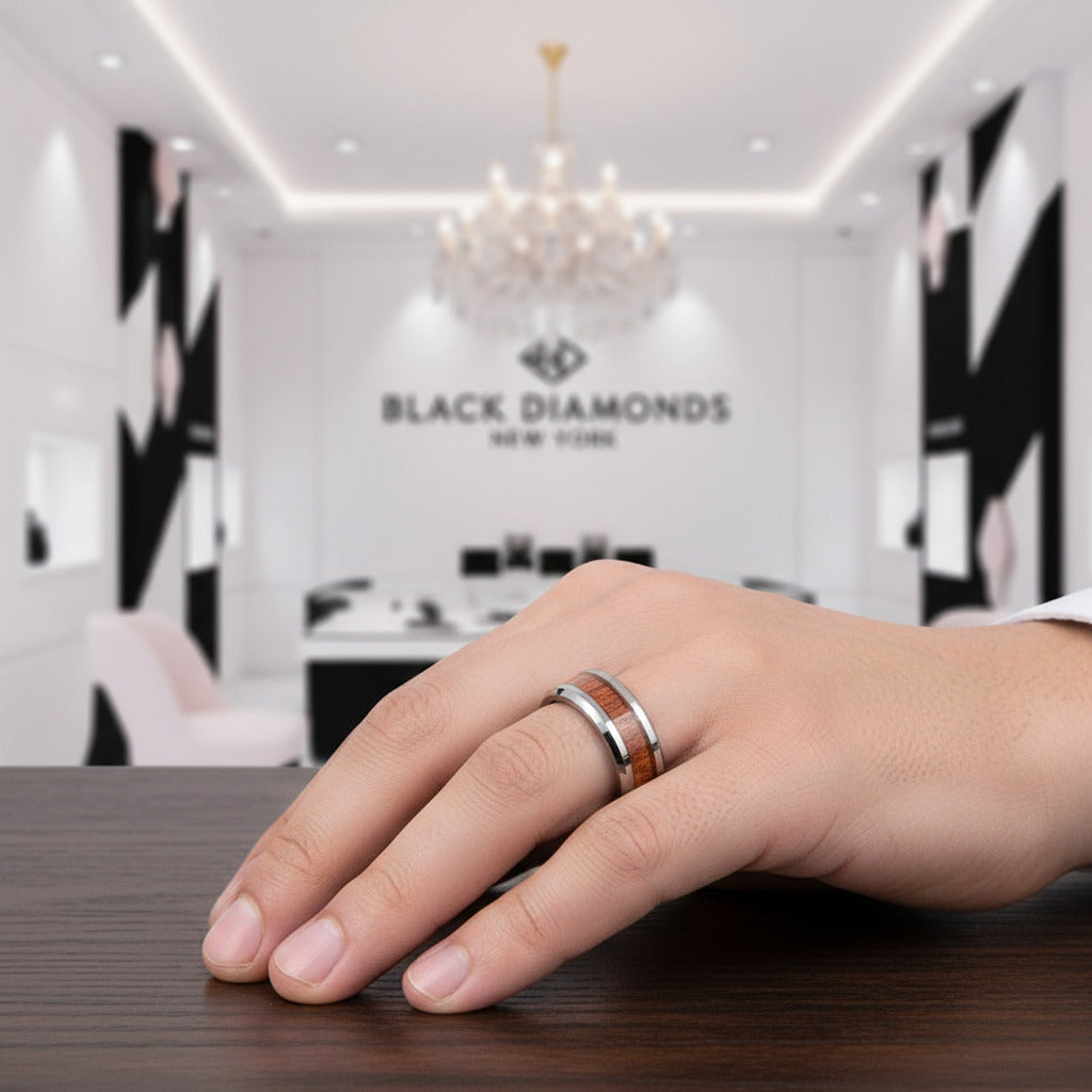 Wooden Men's Tungsten Wedding Band-Black Diamonds New York