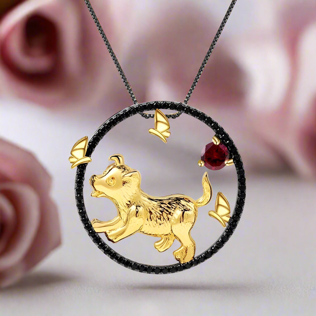 Year Of The Dog-Natural Red Garnet Gemstone Handmade Loyalty Dog Necklace-Black Diamonds New York