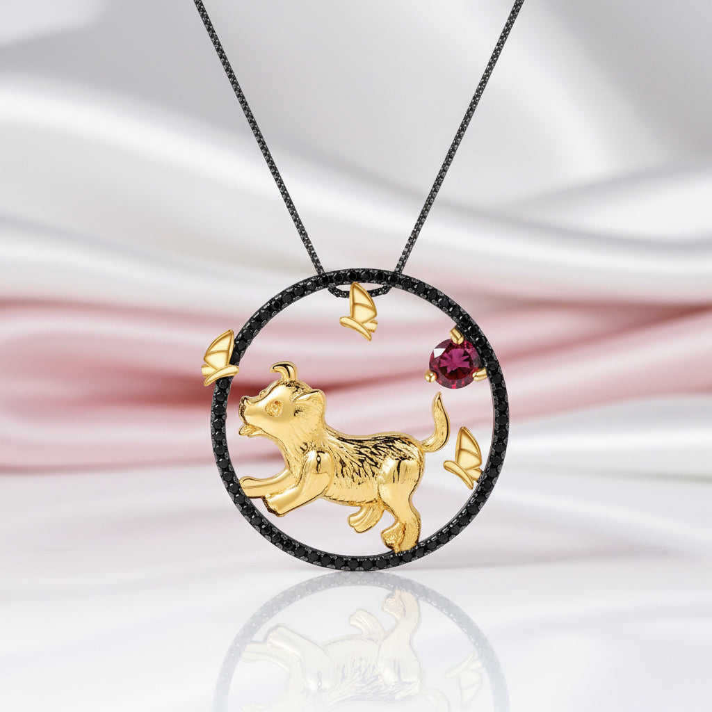 Year Of The Dog- Red Garnet Gemstone Handmade Loyalty Dog Necklace-Black Diamonds New York