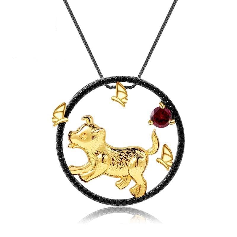 Year Of The Dog-Natural Red Garnet Gemstone Handmade Loyalty Dog Necklace-Black Diamonds New York