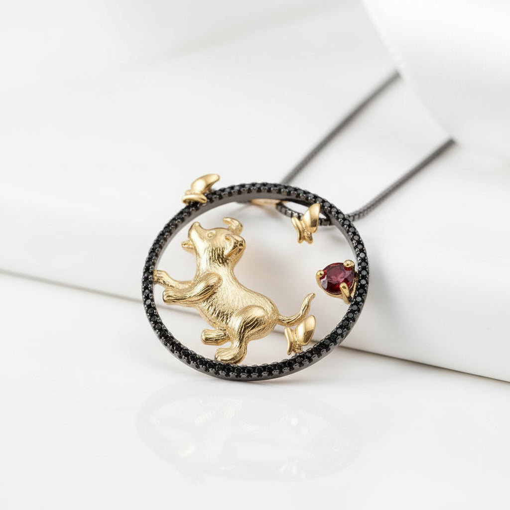 Year Of The Dog- Red Garnet Gemstone Handmade Loyalty Dog Necklace-Black Diamonds New York