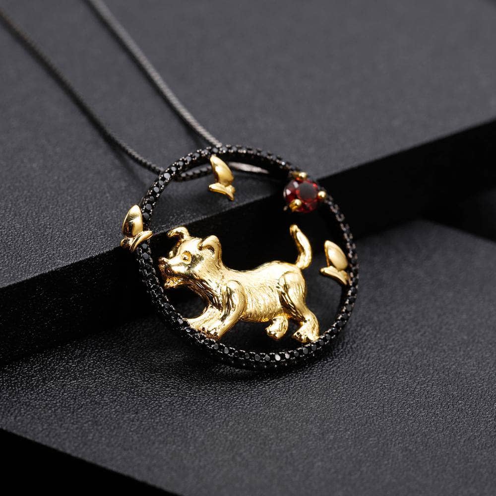 Year Of The Dog-Natural Red Garnet Gemstone Handmade Loyalty Dog Necklace-Black Diamonds New York