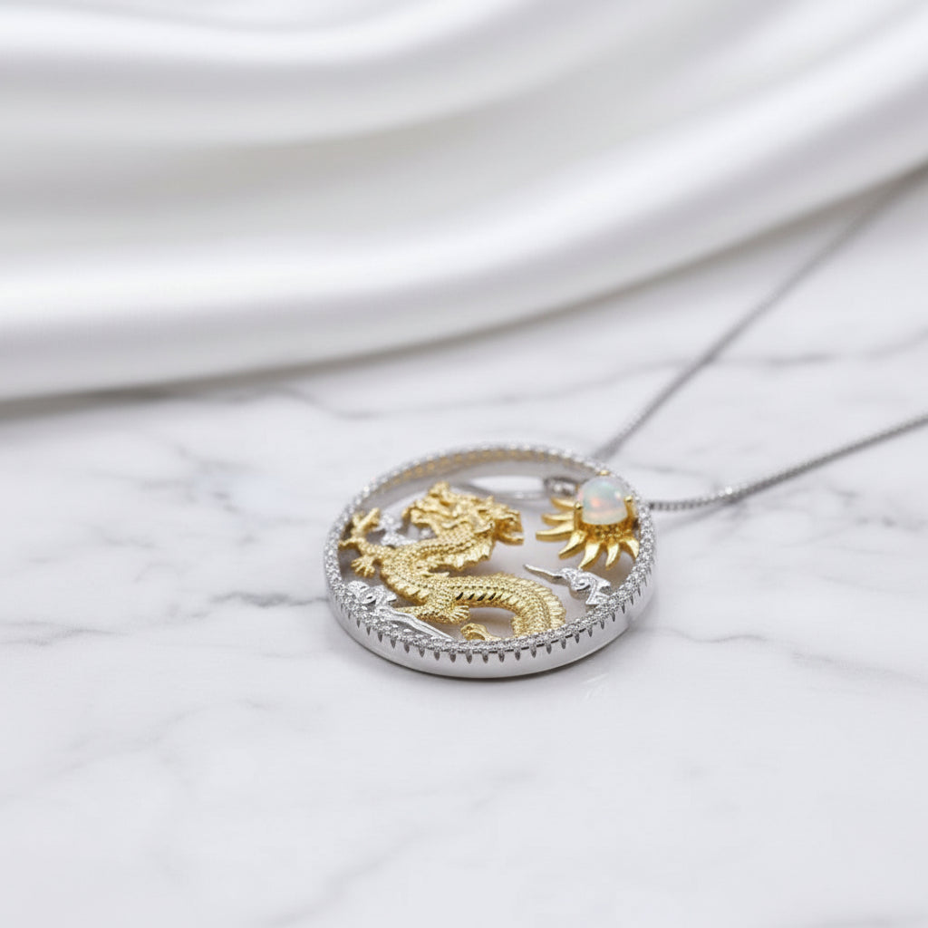 Year Of The Dragon- African Opal Gemstone Flying Dragon Necklace-Black Diamonds New York