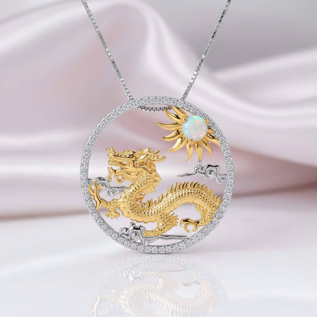 Year Of The Dragon- African Opal Gemstone Flying Dragon Necklace-Black Diamonds New York