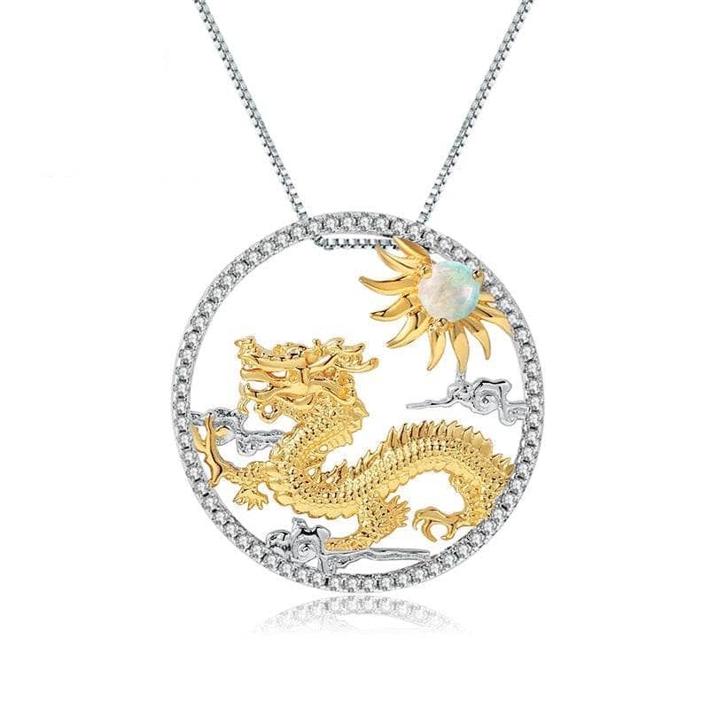 Year Of The Dragon- Natural African Opal Gemstone Flying Dragon Necklace-Black Diamonds New York