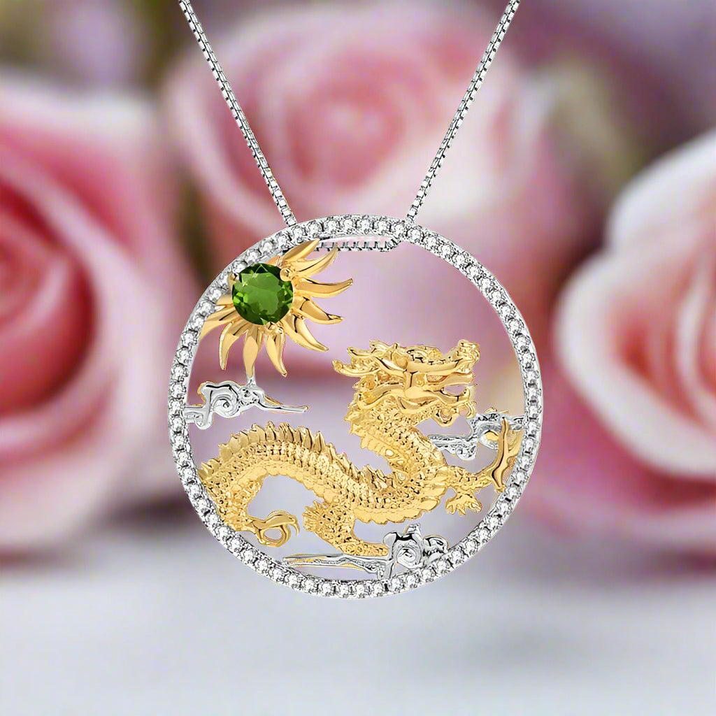 Year Of The Dragon-Natural Chrome Diopside Handmade Flying Dragon Necklace-Black Diamonds New York