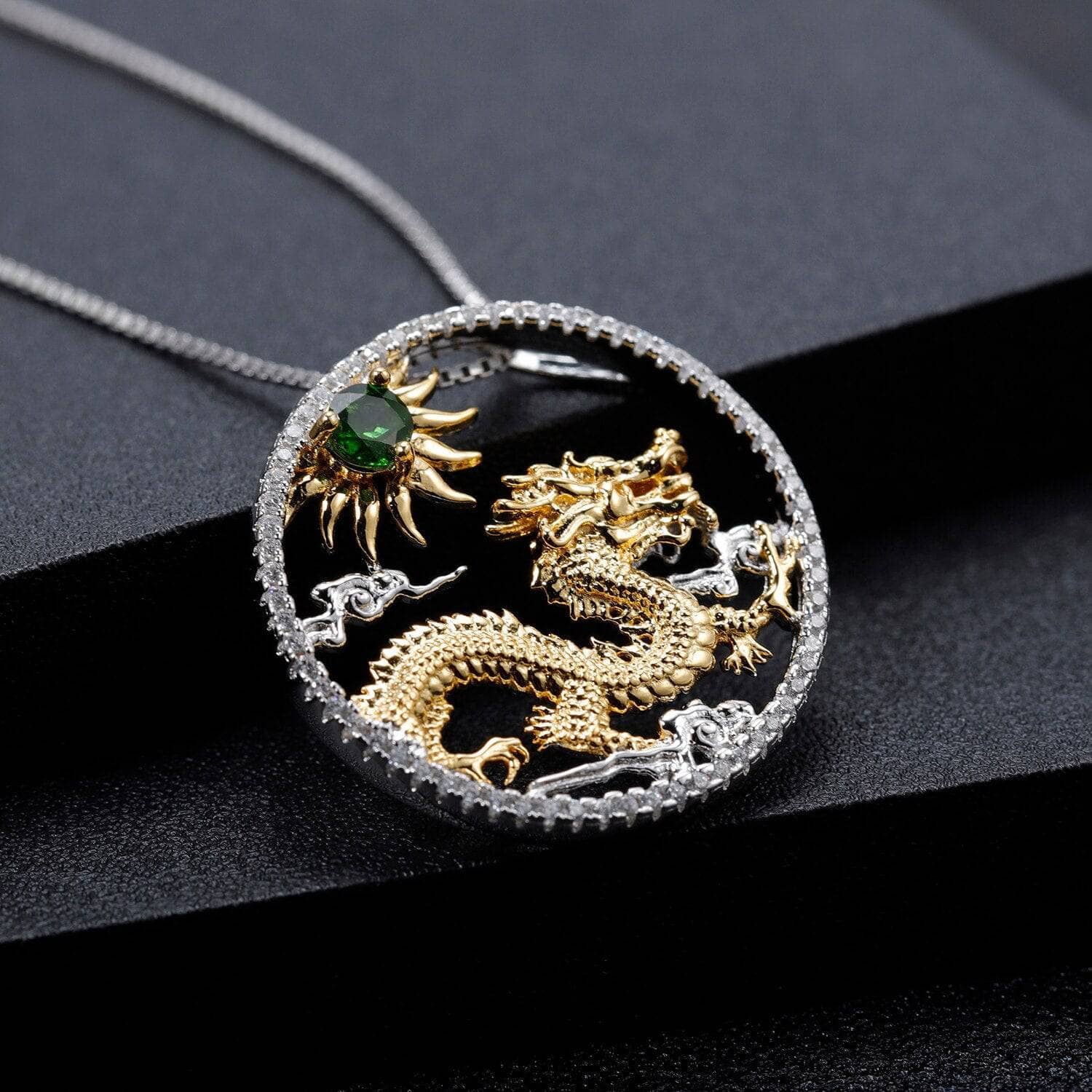 Year Of The Dragon-Natural Chrome Diopside Handmade Flying Dragon Necklace-Black Diamonds New York