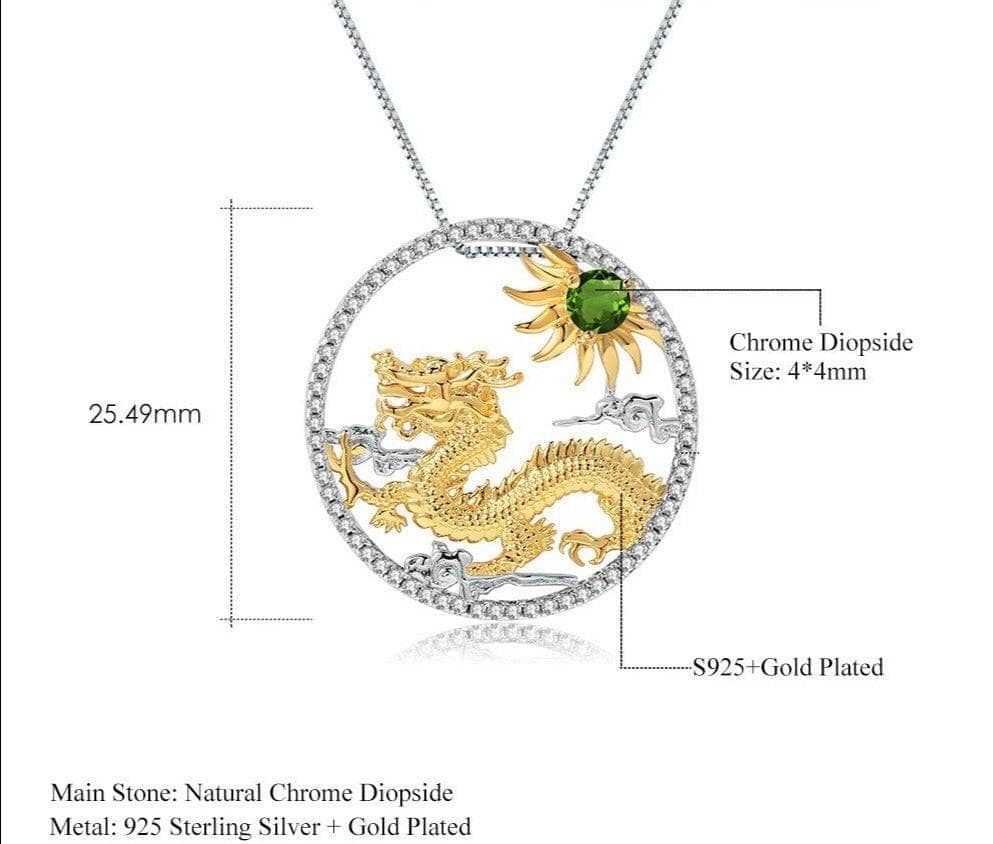 Year Of The Dragon-Natural Chrome Diopside Handmade Flying Dragon Necklace-Black Diamonds New York