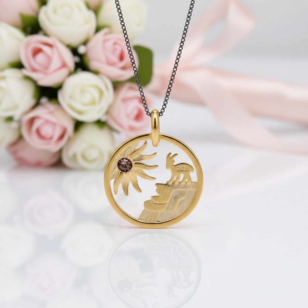 Year Of The Goat- Smoky Quartz Lovely Sunflower Goat Necklace-Black Diamonds New York