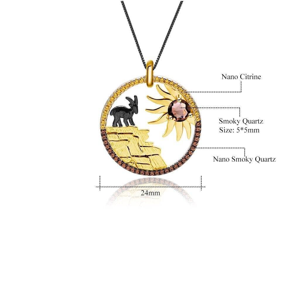 Year Of The Goat- Natural Smoky Quartz Lovely Sunflower Goat Necklace-Black Diamonds New York