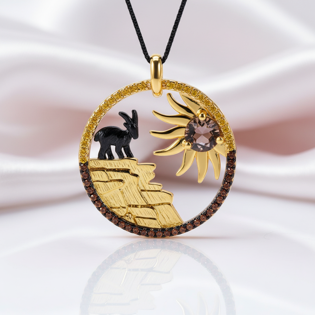 Year Of The Goat- Smoky Quartz Lovely Sunflower Goat Necklace-Black Diamonds New York