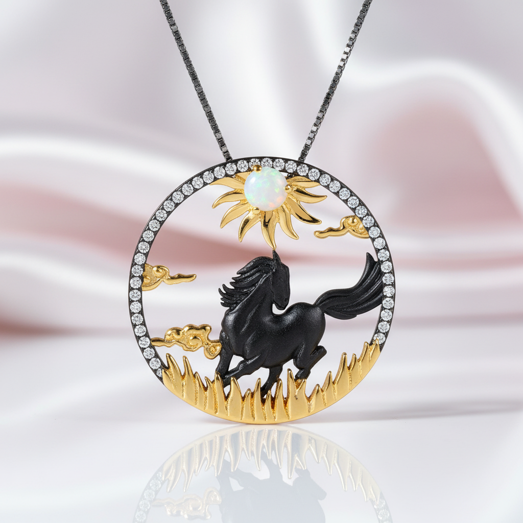 Year Of The Horse- Galloping Horse African Opal Gemstone Necklace-Black Diamonds New York