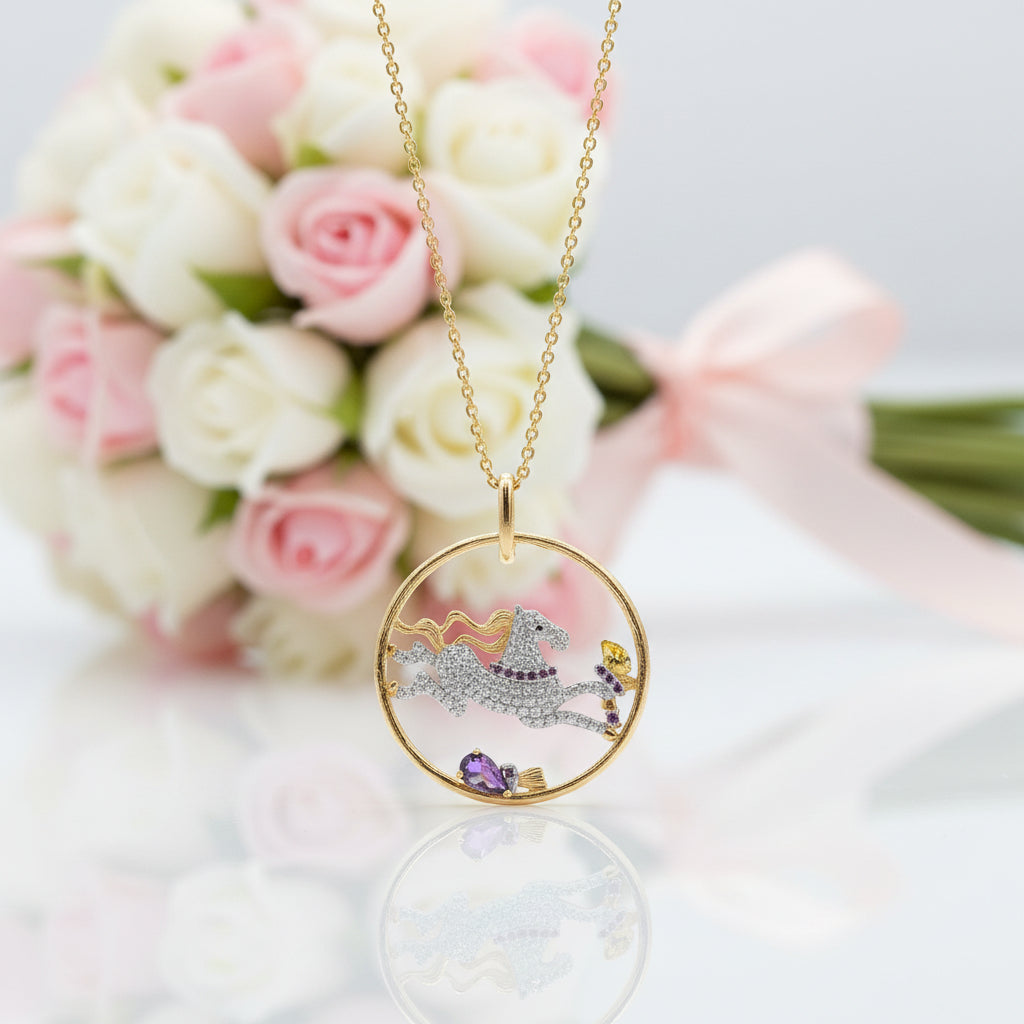 Year Of The Horse- Galloping Horse Exquisite Amethyst Simulant Necklace-Black Diamonds New York