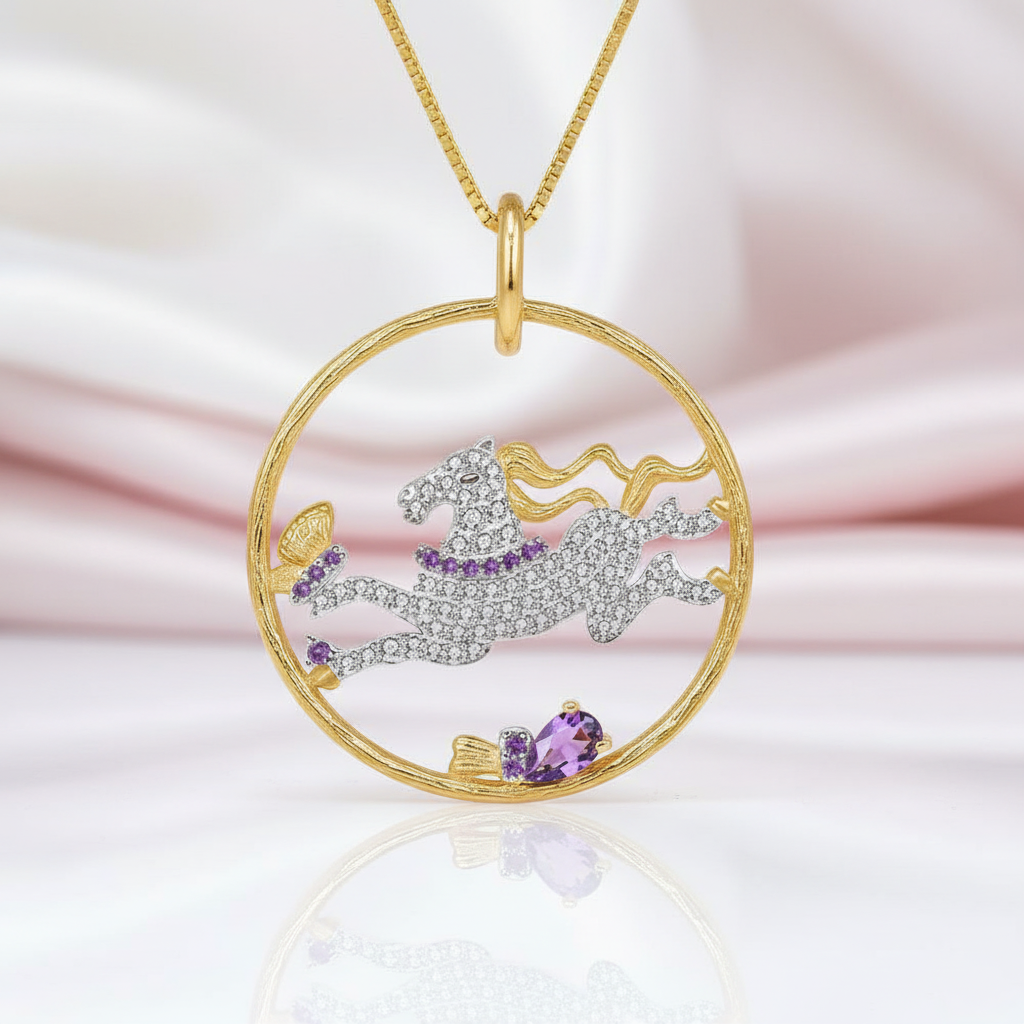 Year Of The Horse- Galloping Horse Exquisite Amethyst Simulant Necklace-Black Diamonds New York