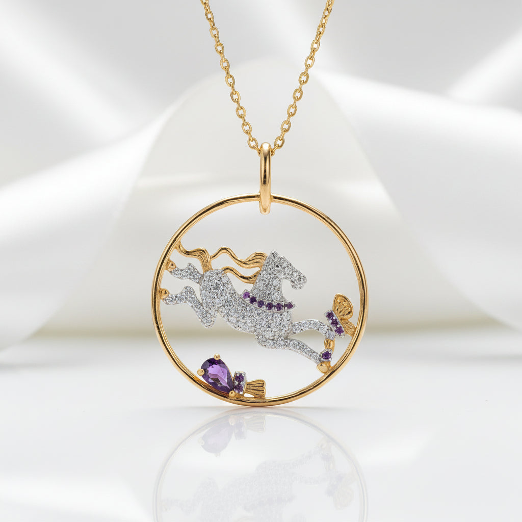 Year Of The Horse- Galloping Horse Exquisite Amethyst Simulant Necklace-Black Diamonds New York