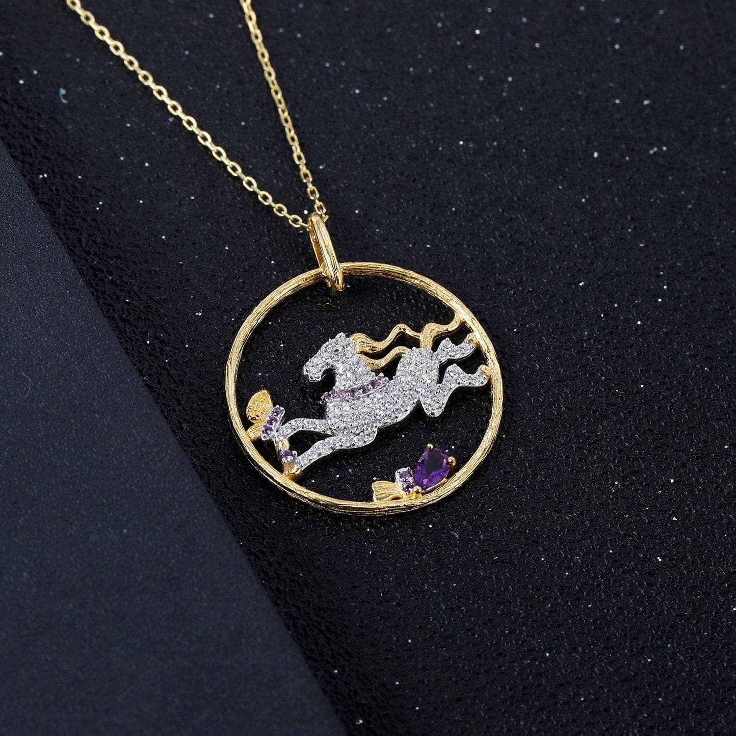 Year Of The Horse- Galloping Horse Natural Amethyst Necklace - Black Diamonds New York