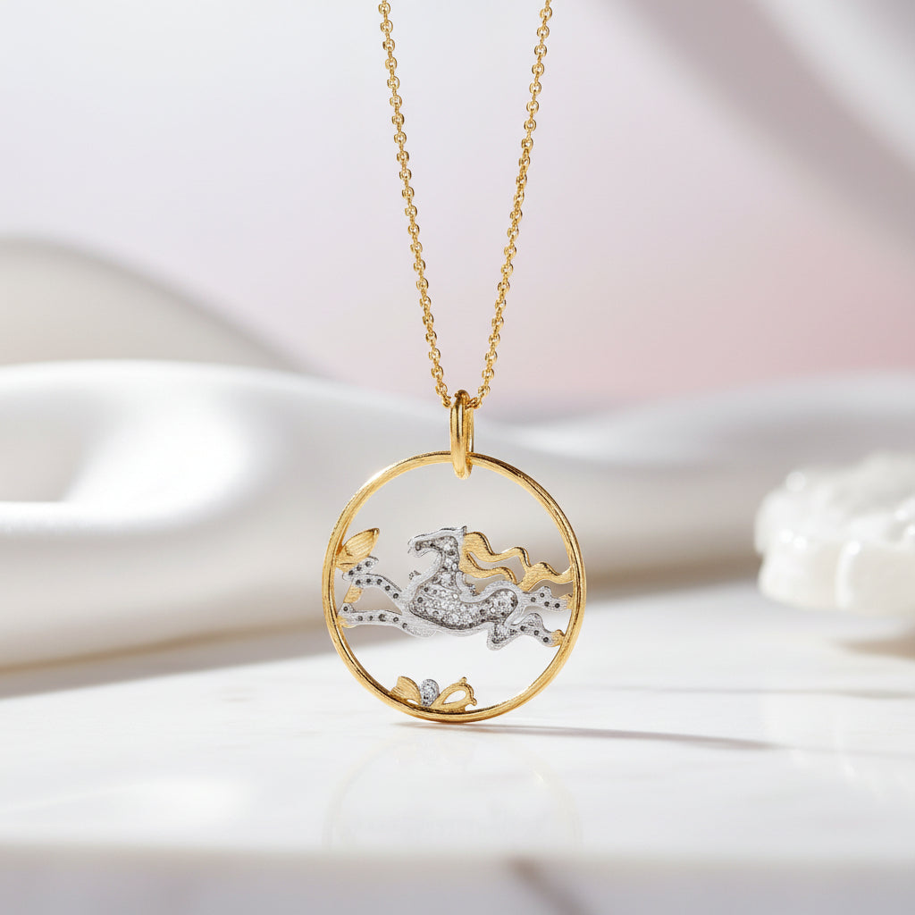 Year Of The Horse- Galloping Horse Exquisite Amethyst Simulant Necklace-Black Diamonds New York