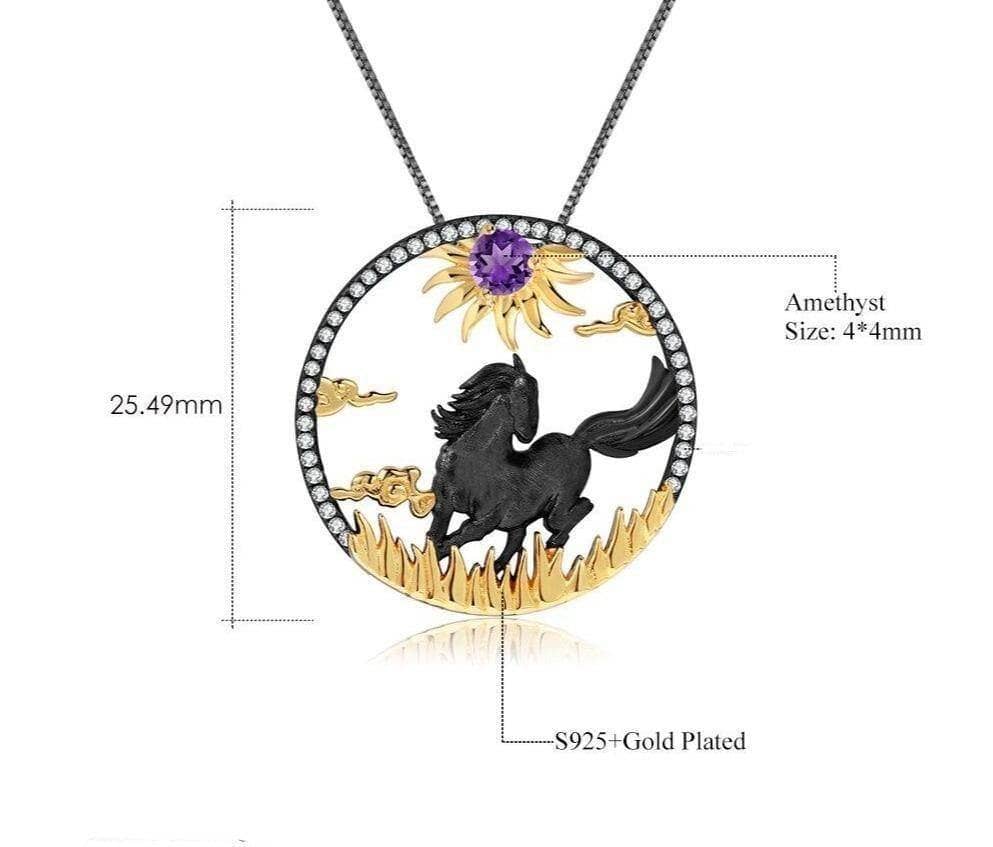 Year Of The Horse- Natural Amethyst Handmade Sun & Horse Necklace-Black Diamonds New York
