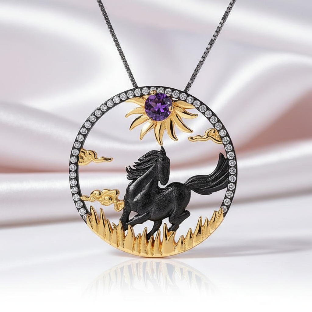Year Of The Horse- Amethyst Handmade Sun & Horse Necklace-Black Diamonds New York