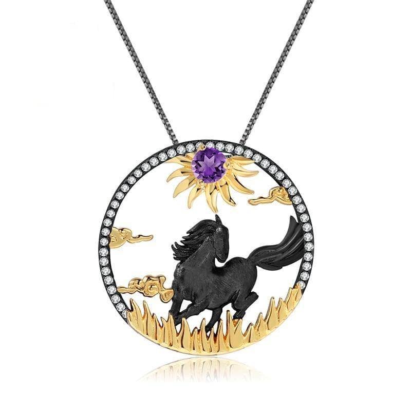 Natural Amethyst Handmade Sun & Horse Pendant Necklace - Black Diamonds New York