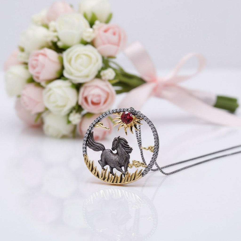 Year Of The Horse- Red Garnet Gemstone Handmade Sun & Horse Necklace-Black Diamonds New York
