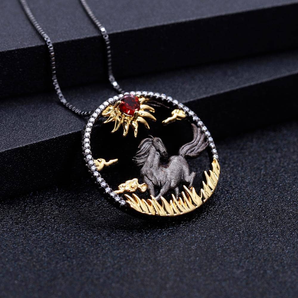Year Of The Horse-Natural Red Garnet Gemstone Handmade Sun & Horse Necklace - Black Diamonds New York