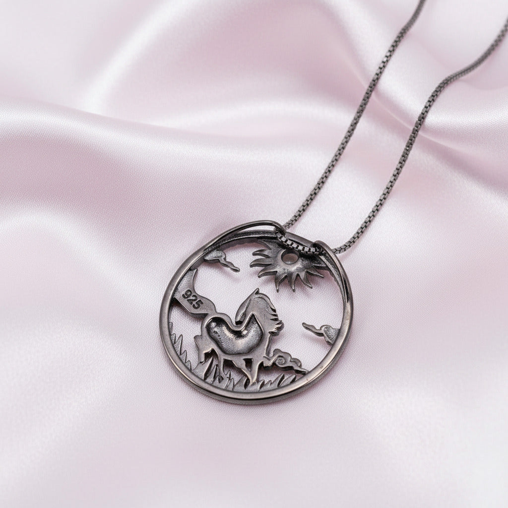 Year Of The Horse- Red Garnet Gemstone Handmade Sun & Horse Necklace-Black Diamonds New York