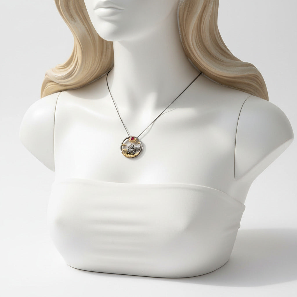Year Of The Horse- Red Garnet Gemstone Handmade Sun & Horse Necklace-Black Diamonds New York