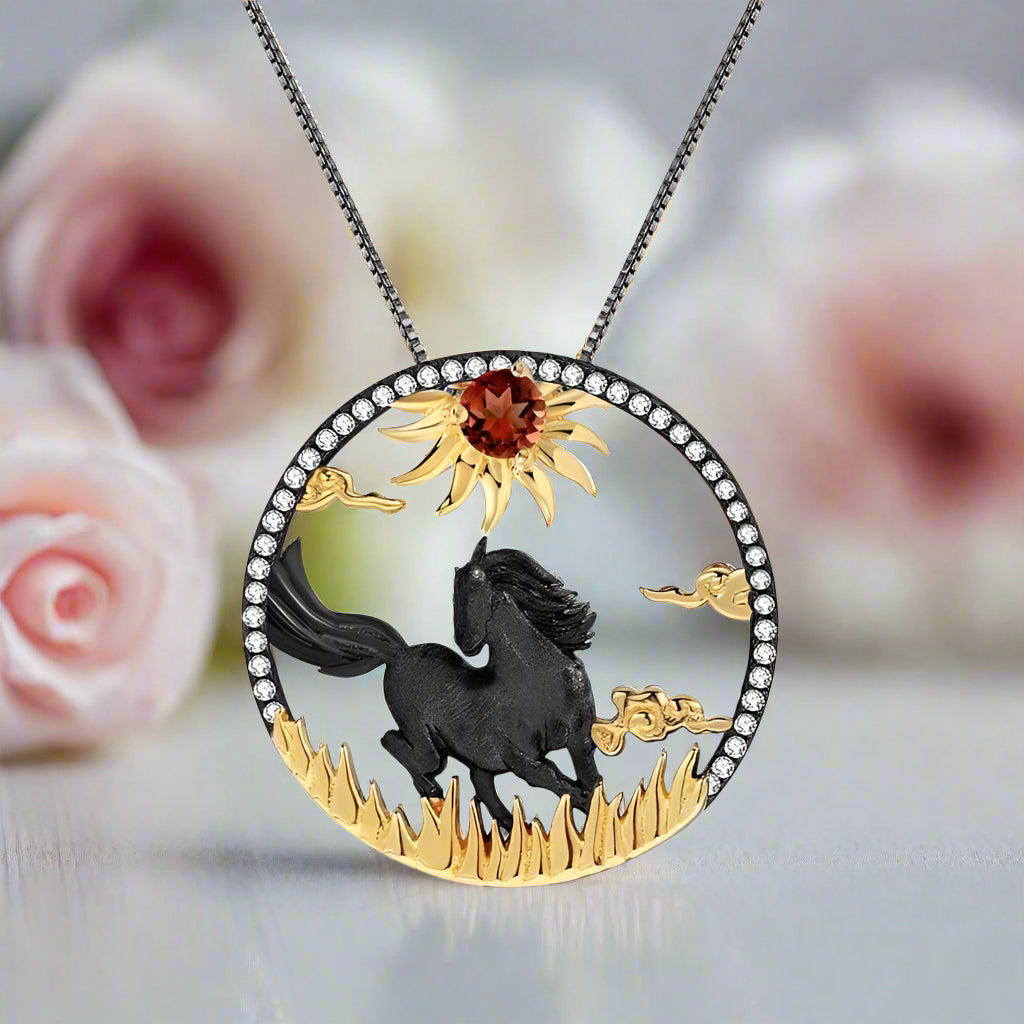 Year Of The Horse-Natural Red Garnet Gemstone Handmade Sun & Horse Necklace-Black Diamonds New York
