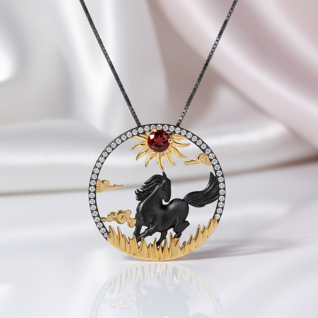 Year Of The Horse- Red Garnet Gemstone Handmade Sun & Horse Necklace-Black Diamonds New York